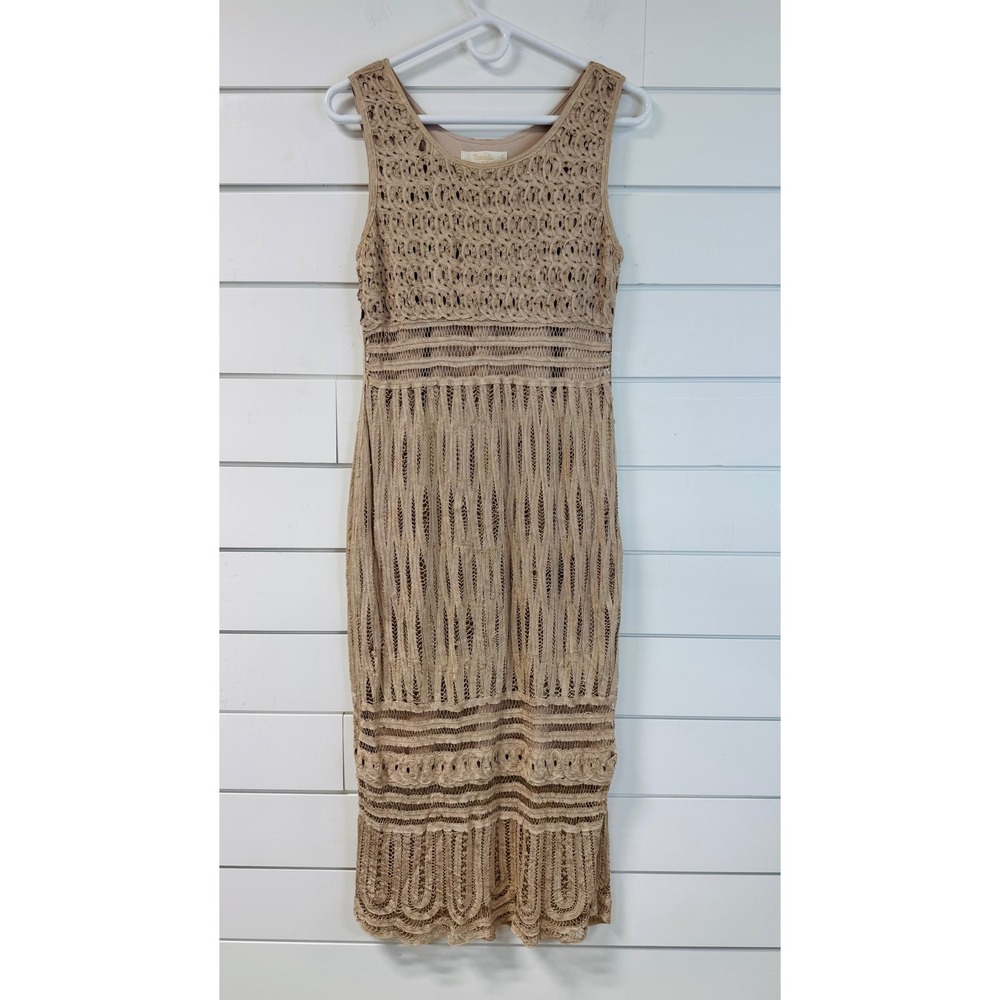Knochetta by Papillon Tan Crochet Lace Sleeveless Midi Dress Sheath KD8235 Sz M